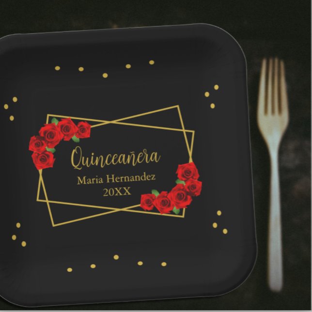 Red Rose Black and Gold Quinceañera Paper Plates (Creator Uploaded)