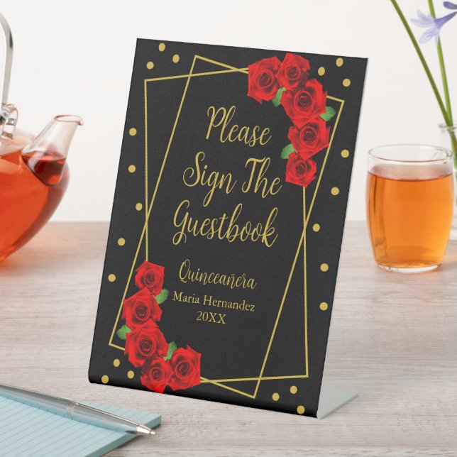 Red Rose Black and Gold Quinceañera Pedestal Sign (In SItu)