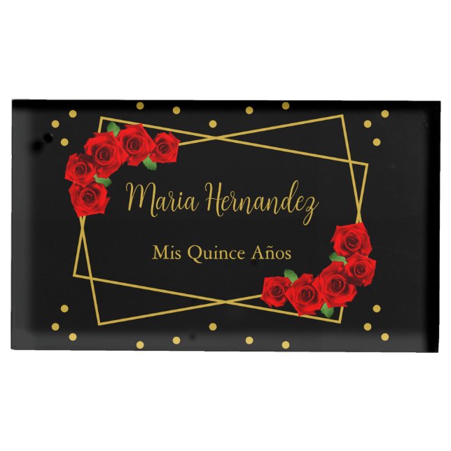 Red Rose Black and Gold Quinceañera Place Card Holder (Front)