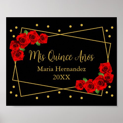 Red Rose Black and Gold Quinceaera Poster