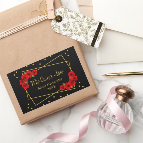 Red Rose Black and Gold Quinceaera Rectangular Sticker