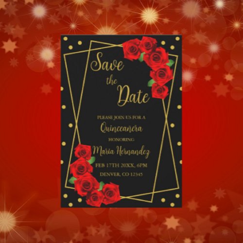 Red Rose Black and Gold Quinceaera Save The Date