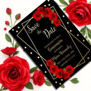 Red Rose Black and Gold Quinceañera Save The Date Foil Invitation Postcard