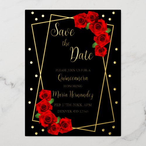 Red Rose Black and Gold Quinceaera Save The Date Foil Invitation Postcard