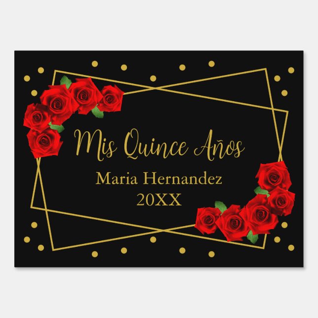 Red Rose Black and Gold Quinceañera Sign (Front)