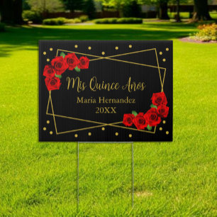 Red Rose Black and Gold Quinceañera Sign