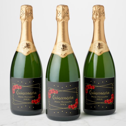 Red Rose Black and Gold Quinceaera Sparkling Wine Label