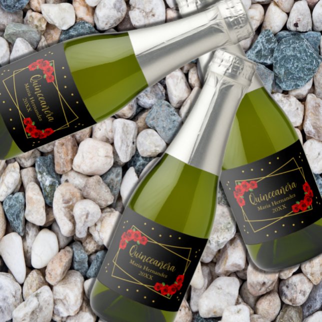 Red Rose Black and Gold Quinceañera Sparkling Wine Label (Creator Uploaded)