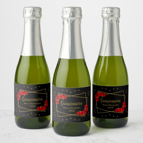 Red Rose Black and Gold Quinceaera Sparkling Wine Label