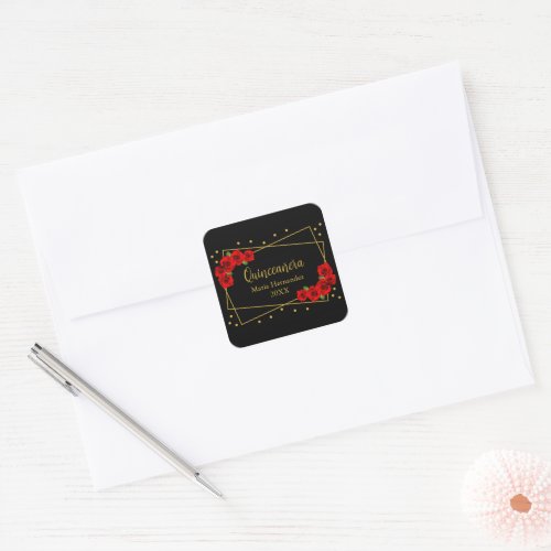 Red Rose Black and Gold Quinceaera Square Sticker