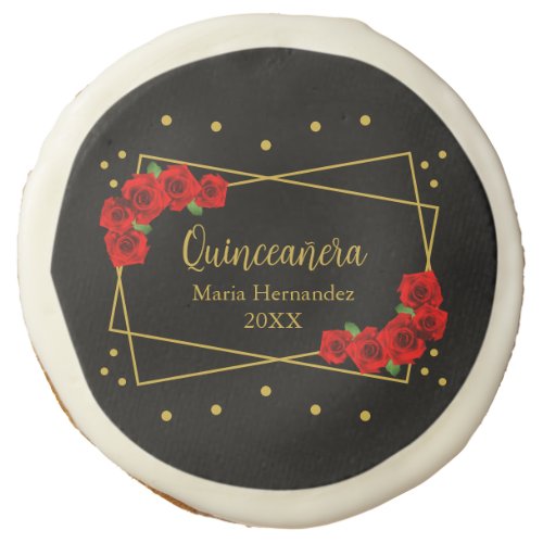 Red Rose Black and Gold Quinceaera Sugar Cookie