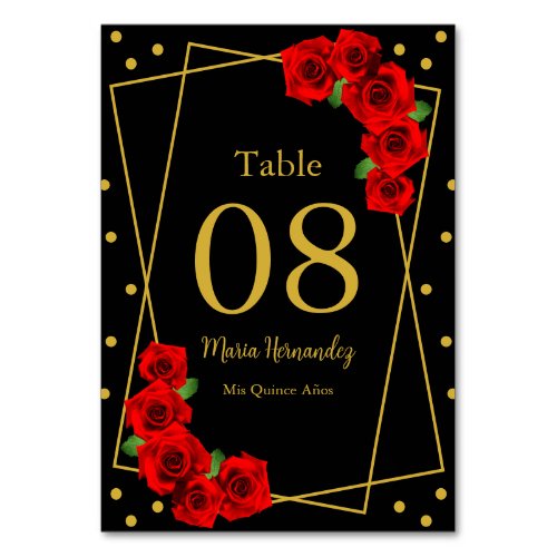 Red Rose Black and Gold Quinceaera Table Number