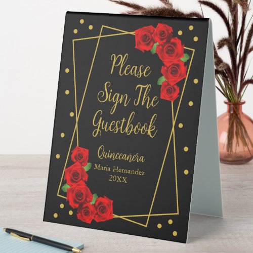 Red Rose Black and Gold Quinceaera Table Tent Sign