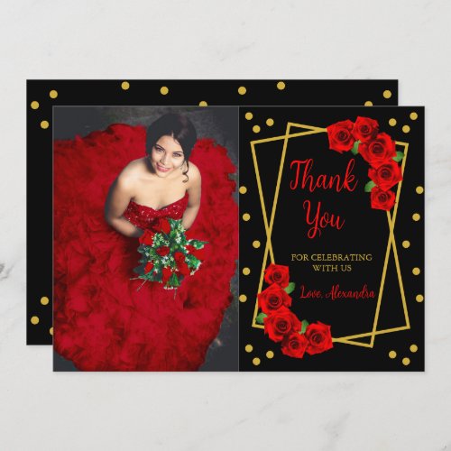 Red Rose Black and Gold Quinceaera Thank You Card