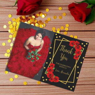 Red Rose Black and Gold Quinceañera Thank You Card
