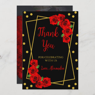 Red Rose Black and Gold Quinceañera Thank You Card