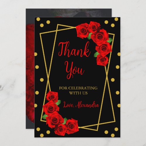 Red Rose Black and Gold Quinceaera Thank You Card