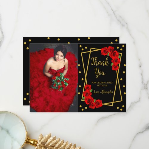 Red Rose Black and Gold Quinceaera Thank You Card