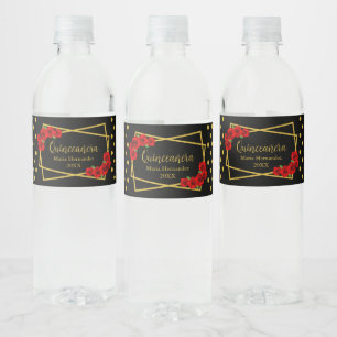 Red Rose Black and Gold Quinceañera Water Bottle Label