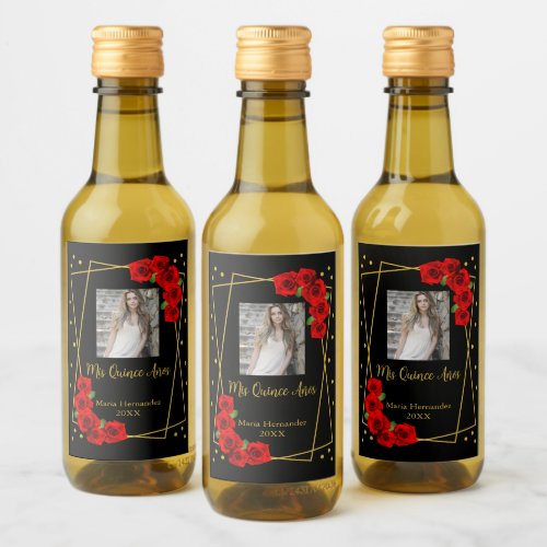 Red Rose Black and Gold Quinceaera Wine Label