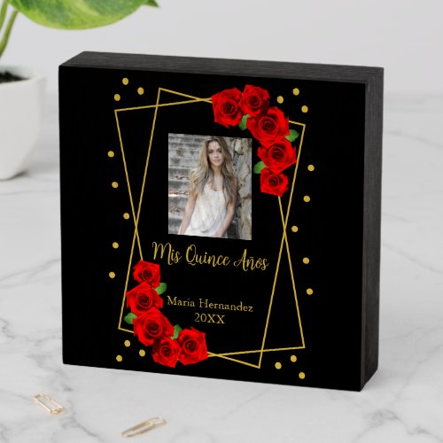 Red Rose Black and Gold Quinceaera Wooden Box Sign