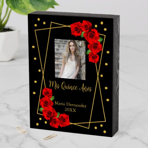 Red Rose Black and Gold Quinceaera Wooden Box Sign