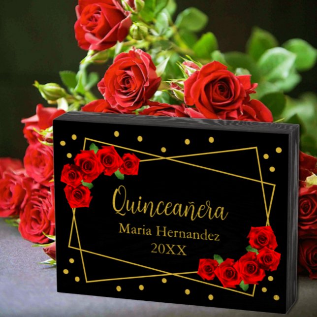 Red Rose Black and Gold Quinceañera Wooden Box Sign (Creator Uploaded)