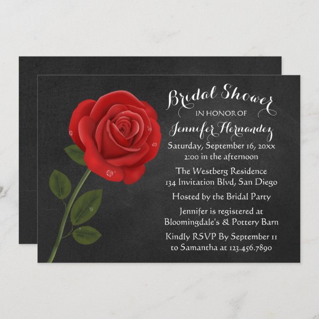 Red Rose Black Chalkboard Floral Bridal Shower Invitation (Front/Back)