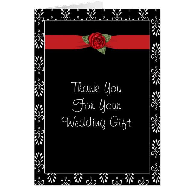 Red Rose Black Damask  Wedding Thank You Notes (Front)