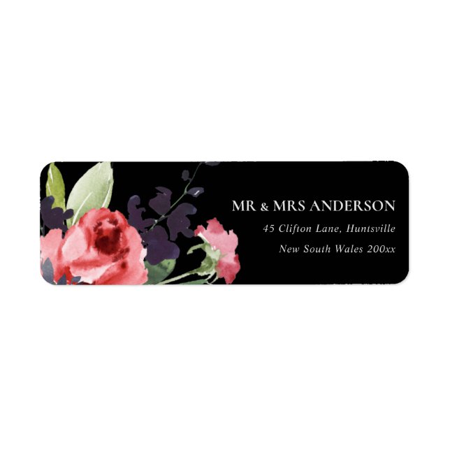 RED ROSE BLACK EUCALYPTUS FLORA WATERCOLOR ADDRESS LABEL (Front)