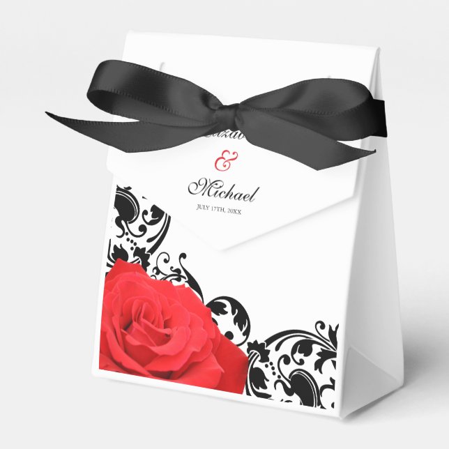 Red Rose Black Flourish Personalized Wedding Favor Boxes (Front Side)