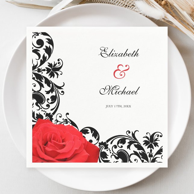 Red Rose Black Flourish Personalized Wedding Napkins (Creator Uploaded)