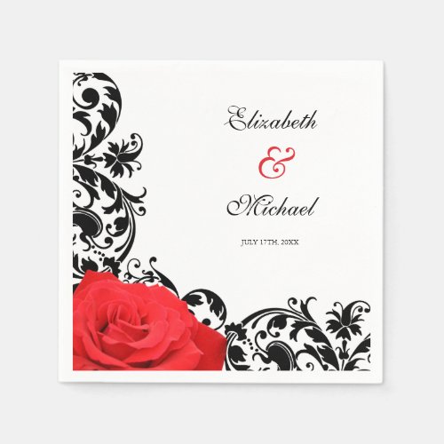 Red Rose Black Flourish Personalized Wedding Napkins