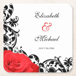 Red Rose Black Flourish Personalized Wedding Square Paper Coaster