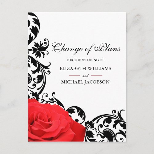 Red Rose Black Flourish Wedding Change of Plans Postcard