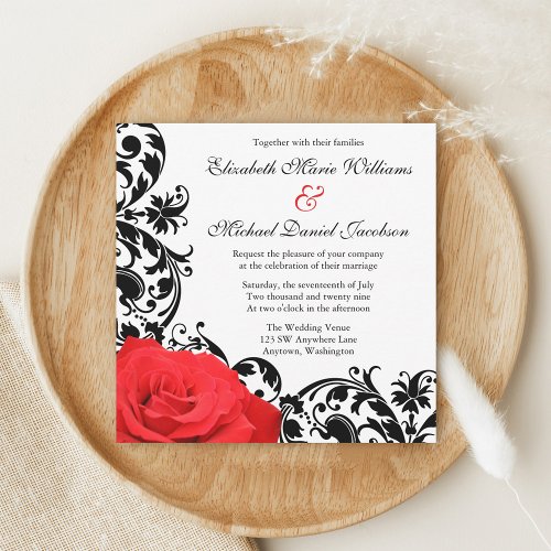 Red Rose Black Flourish Wedding Invitations