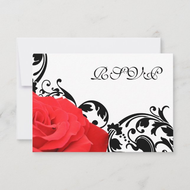 Red Rose Black Flourish Wedding RSVP Response Card (Front)