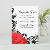 Red Rose Black Flourish Wedding Save The Date (Standing Front)