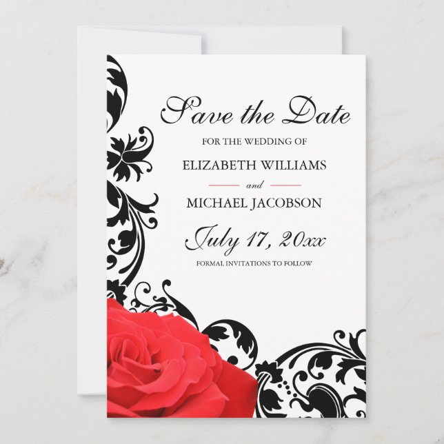 Red Rose Black Flourish Wedding Save The Date (Front)