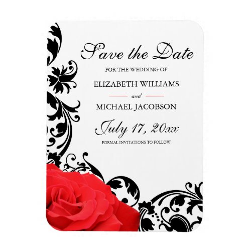 Red Rose Black Flourish Wedding Save the Date Magnet