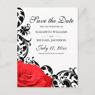 Red Rose Black Flourish Wedding Save the Date Postcard