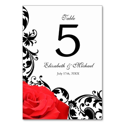 Red Rose Black Flourish Wedding Table Number