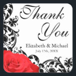Red Rose Black Flourish Wedding Thank You Square Sticker<br><div class="desc">Beautiful red rose wedding thank you favors stickers. Flourishes by © Mujka Design</div>