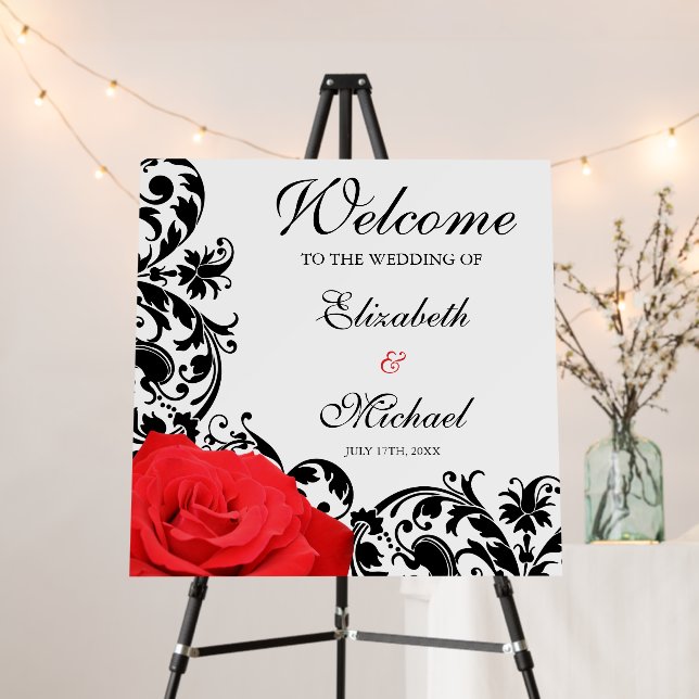 Red Rose Black Flourish Wedding Welcome Foam Board (In Situ (Stand))
