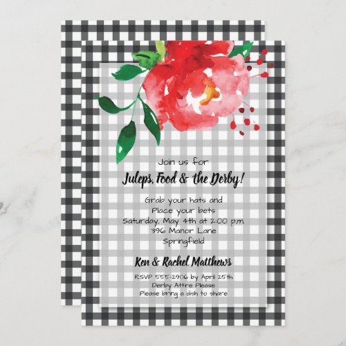 Red Rose Black Gingham Derby Party Invitation