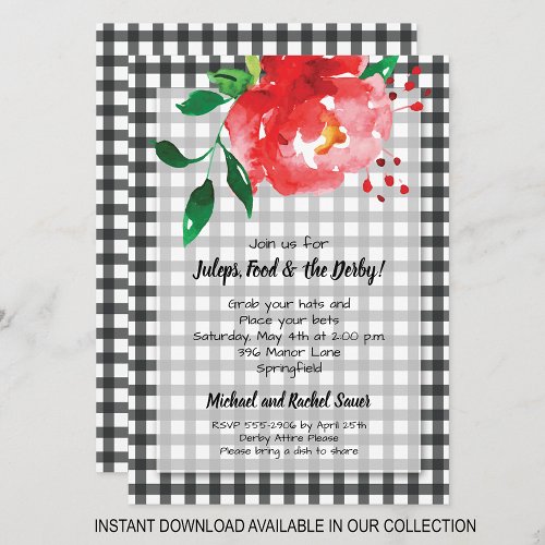 Red Rose Black Gingham Derby Party Invitations