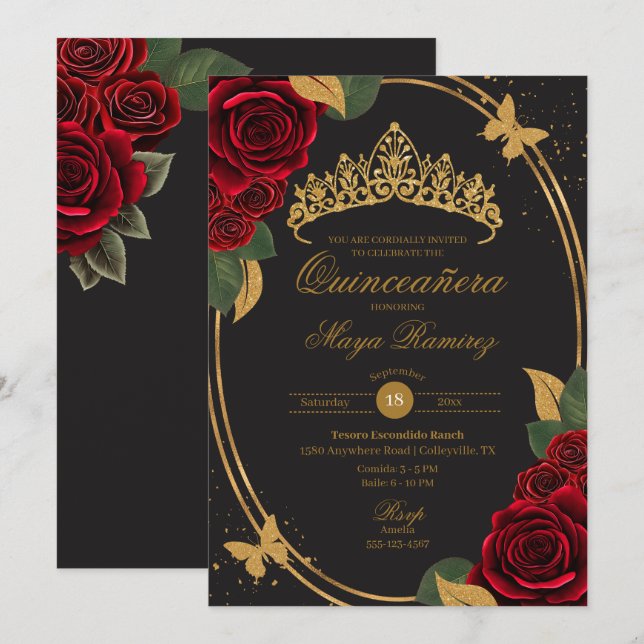 Red Rose Black Gold Glitter Butterfly Quinceañera  Invitation (Front/Back)