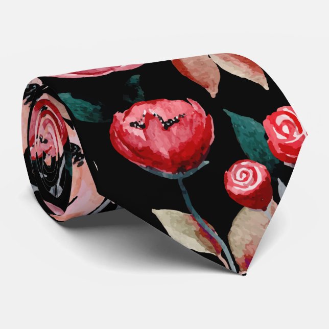 Red Rose Black Watercolor Floral Pattern Neck Tie (Rolled)