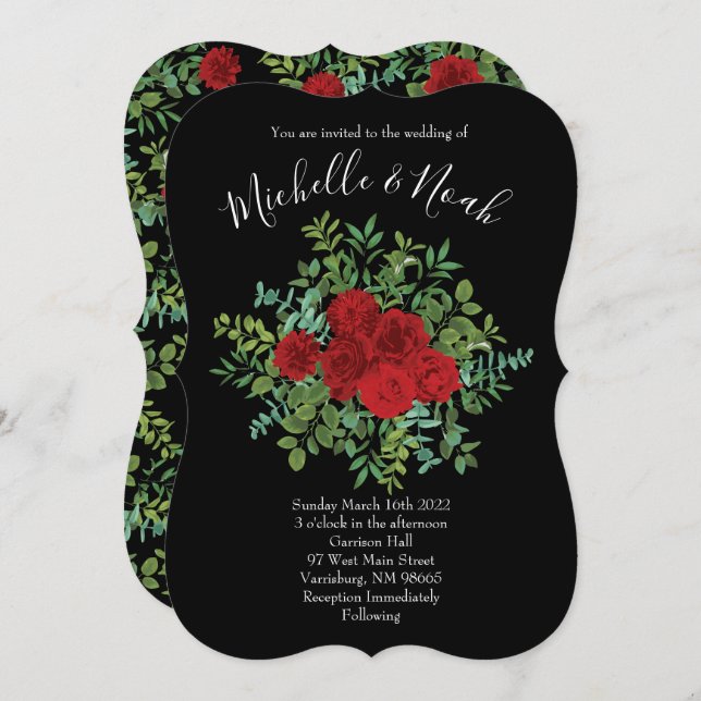 Red Rose Black Wedding Gothic Dark Invitation (Front/Back)