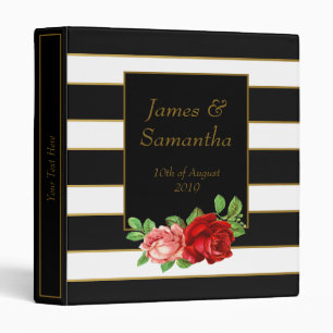 Red Rose, Black, White & Gold Stripe - 3 Ring Binder
